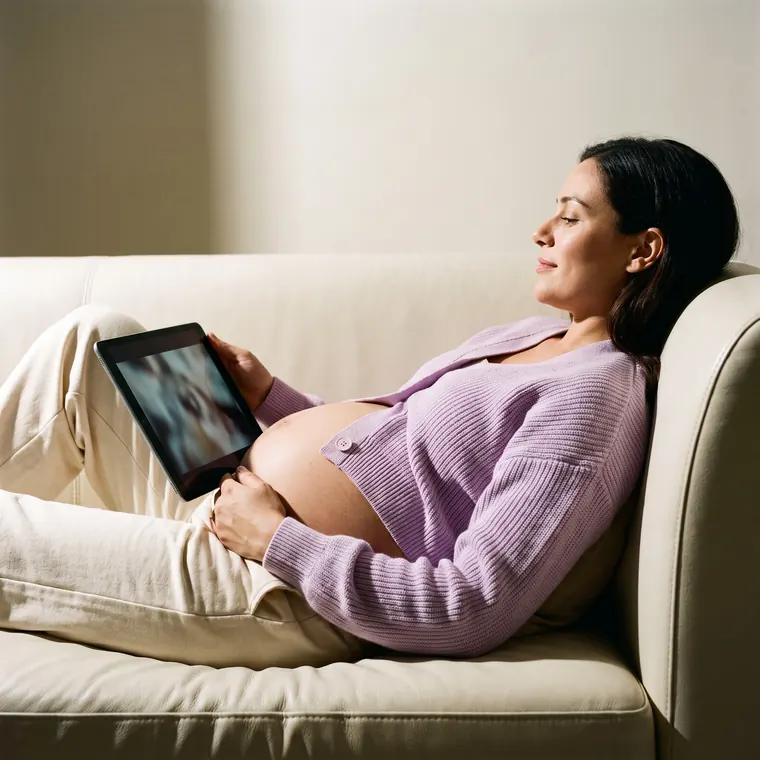 Gestante assistindo a uma aula no tablet