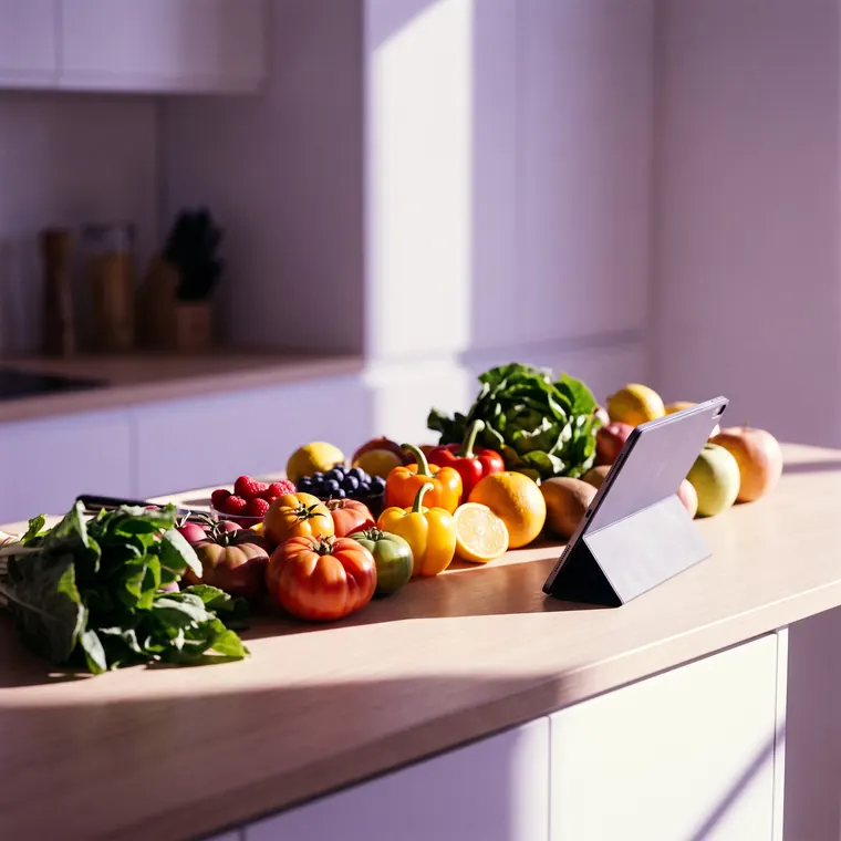 Bancada de cozinha com alimentos frescos